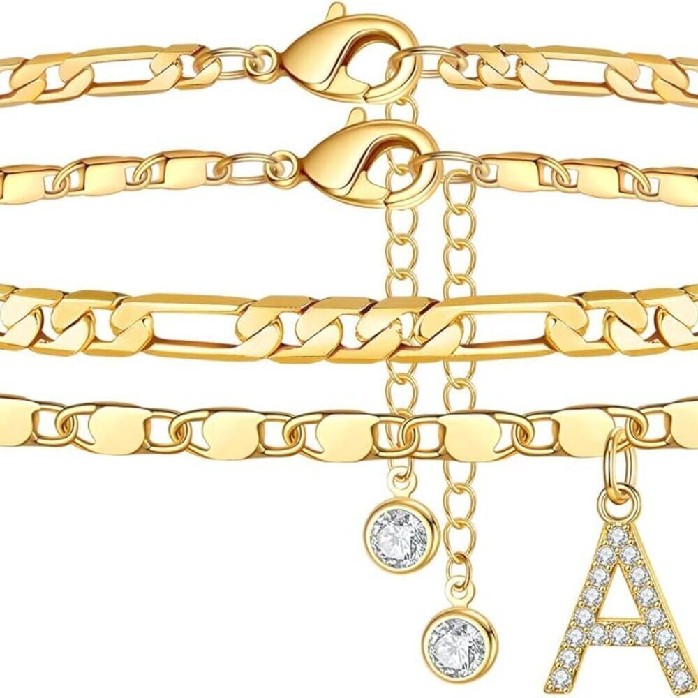 Ankle Bracelets for Women, 14K Gold Plated Dainty Layered Chain CZ Initial